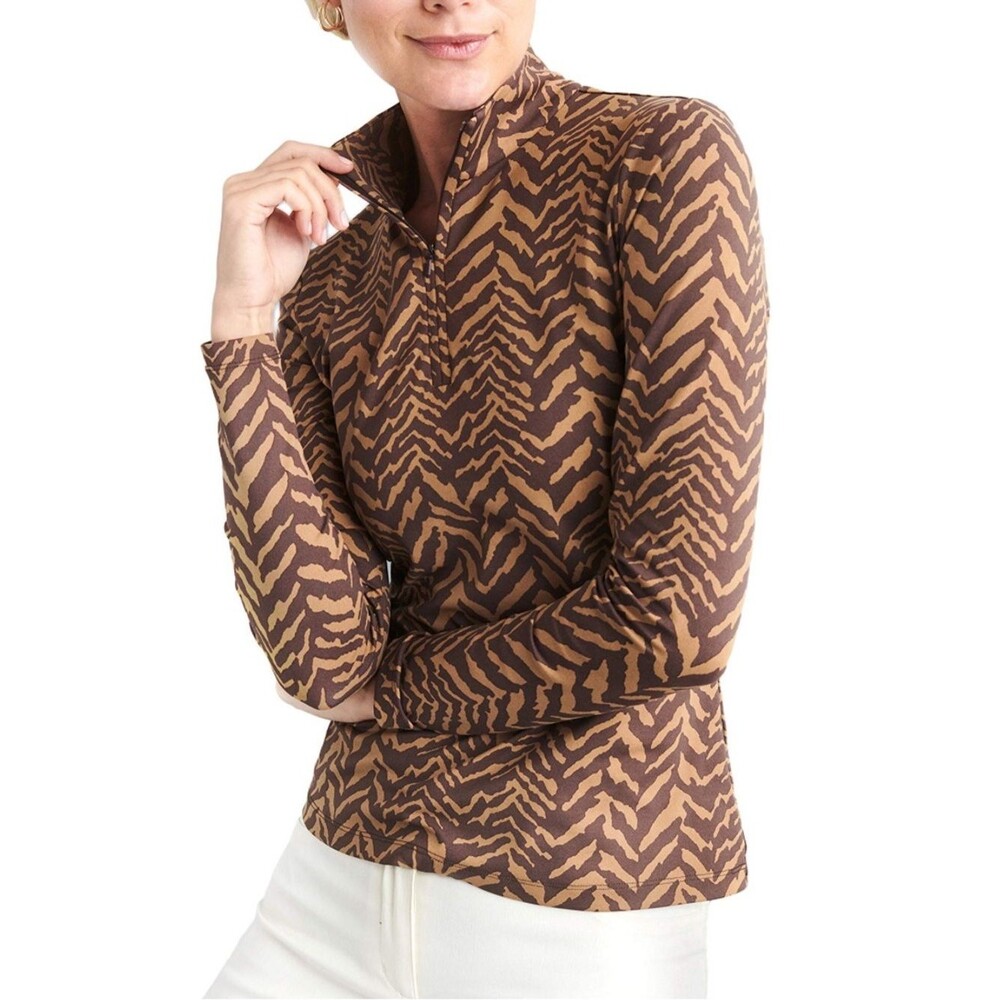 J. McLaughlin Brown Zebra-Print Mock Neck Long Sleeve Top